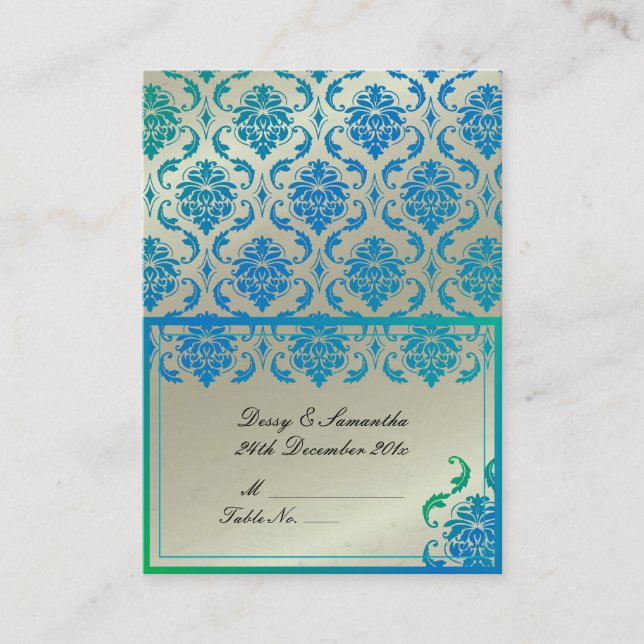 PixDezines Teal Vendome Damask Tält Place Card Placeringskort (Framsida)