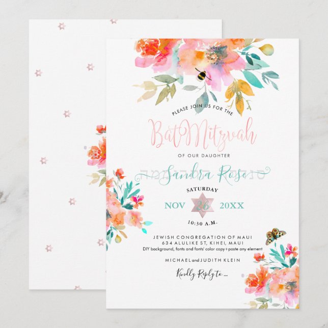 PixDezines Trädgårdsrosor Vattenfärg Bat Mitzvah Inbjudningar (Fram/baksida)