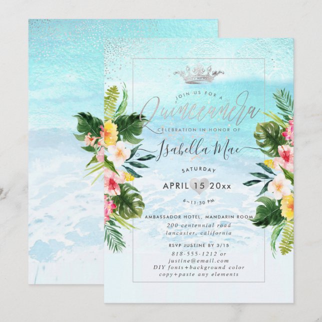 PixDezines Tropical Flowers+Beach Quinceanera Inbjudningar (Fram/baksida)