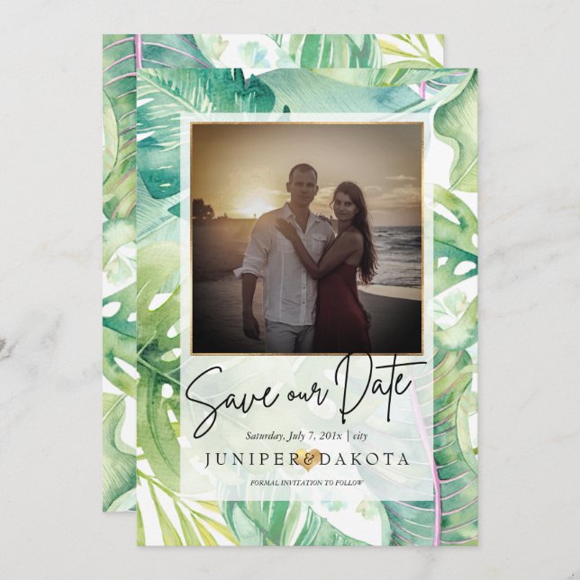 PixDezines Tropical Greenery Spara - datum Inbjudningar (Fram/baksida)
