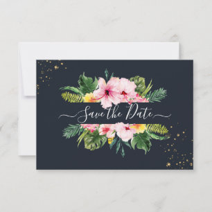 PixDezines Tropisk Blommig & Lövverk DIY Marinblå Spara Datumet