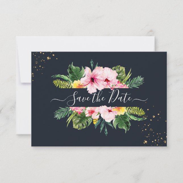 PixDezines Tropisk Blommig & Lövverk DIY Marinblå Spara Datumet (Framsida)