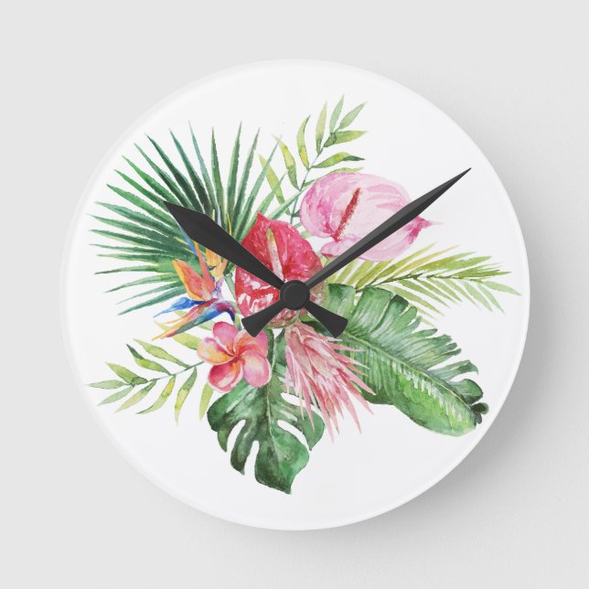 PixDezines Tropisk Paradis Frodig Blomsterlig Foli Rund Klocka (Framsida)