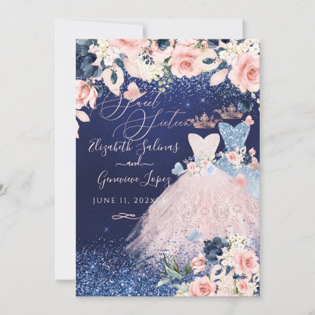 PixDezines Tvillingar Sweet 16 Dusty Blue+Blush In Inbjudningar (Framsida)