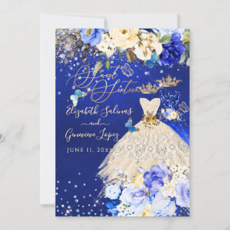 PixDezines Twillingar Sweet 16 Royal Blue Guld Inbjudningar