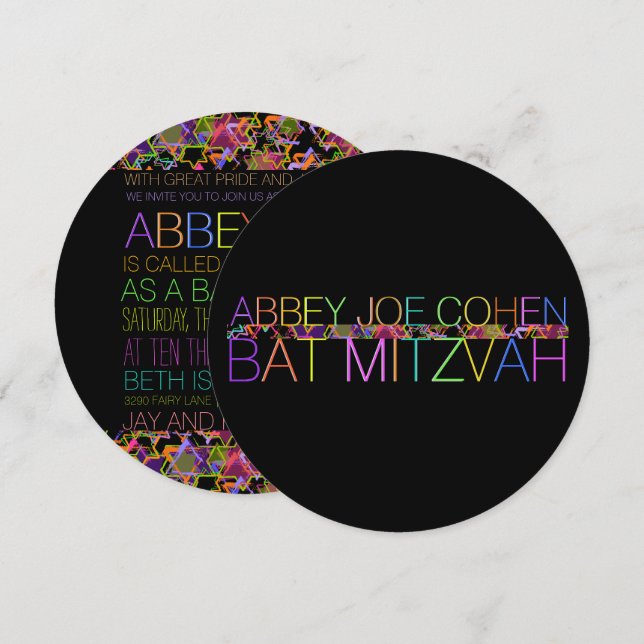 PixDezines-typografi/neon/bat mitzvah Inbjudningar (Fram/baksida)