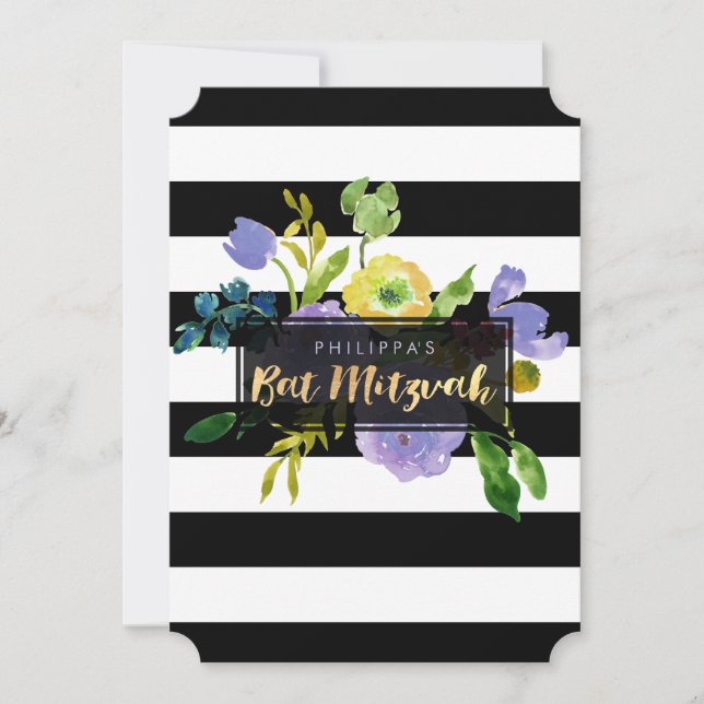 PixDezines vattenfärg/Blommigt/Rand Bat mitzvah Inbjudningar (Framsida)