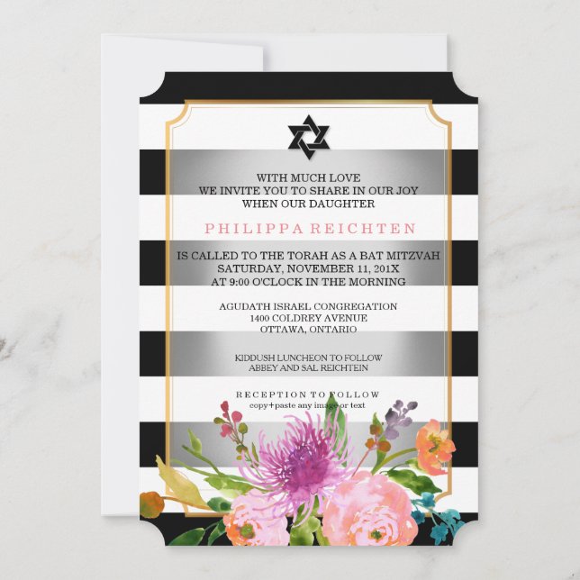 PixDezines vattenfärg/blommigt/rand bat mitzvah Inbjudningar (Baksida)