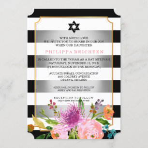 PixDezines vattenfärg/blommigt/rand bat mitzvah Inbjudningar