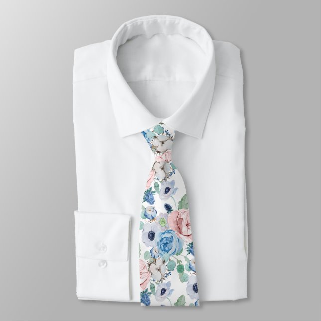 PixDezines Vattenfärg Dusty Blue Ros Peonies hals Slips (Bunden)