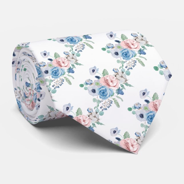 PixDezines Vattenfärg Dusty Blue Ros Peonies Hals Slips (Rullad)
