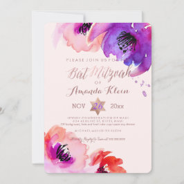 PixDezines ✡ vattenfärg för Bat mitzvah/Blommigt Inbjudningar