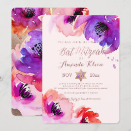 PixDezines ✡ vattenfärg för Bat mitzvah/Blommigt Inbjudningar
