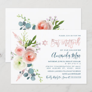 PixDezines Vattenfärg Rosa Peonies Bat Mitzvah Inbjudningar