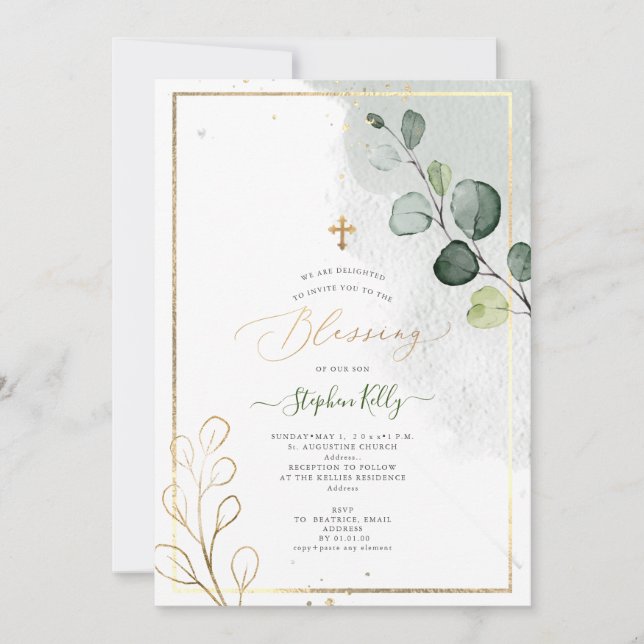 PixDezines vattenfärg Rustic Eucalyptus Baptism Inbjudningar (Framsida)