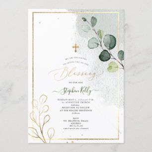 PixDezines vattenfärg Rustic Eucalyptus Baptism Inbjudningar