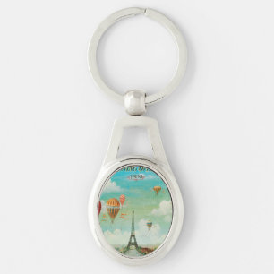 PixDezines vintage ballonger över paris Ovalt Silverfärgad Nyckelring