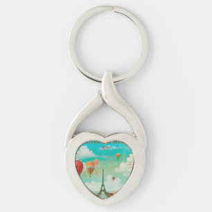 PixDezines vintage-ballonger över paris Twisted Heart Silverfärgad Nyckelring