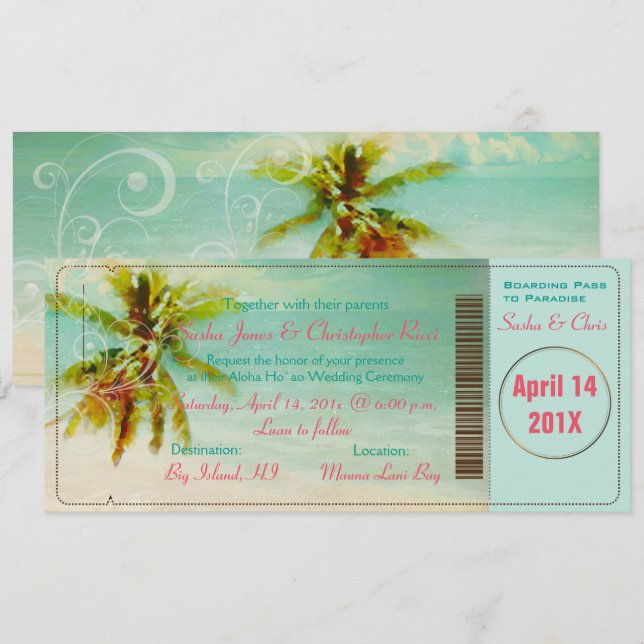 PixDezines Vintage Beach Boarding Pass Inbjudningar (Fram/baksida)