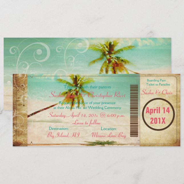 PixDezines Vintage Beach Boarding Pass Inbjudningar (Fram/baksida)