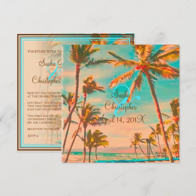 PixDezines Vintage Hawaiian Beach/teal Inbjudningar (Fram/baksida)