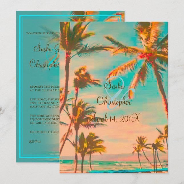 PixDezines VINTAGE HAWAIIAN BEACH/TEAL Inbjudningar (Fram/baksida)