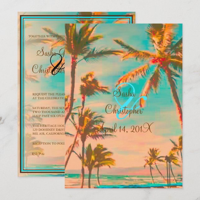 PixDezines VINTAGE HAWAIIAN BEACH/TEAL Inbjudningar (Fram/baksida)