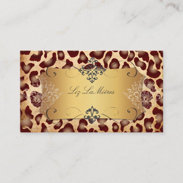 PixDezines VINTAGE LEOPARD+LACE DAMASK Visitkort (Framsida)