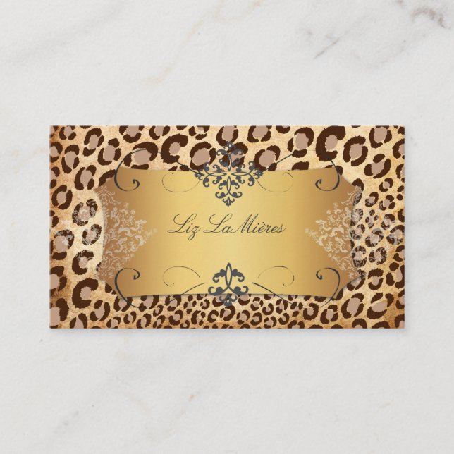 PixDezines VINTAGE LEOPARD+SNÖRE DAMASK Visitkort (Framsida)