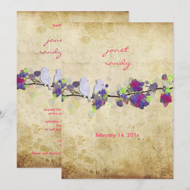 PixDezines Vintage love birds/lilac Inbjudningar (Fram/baksida)