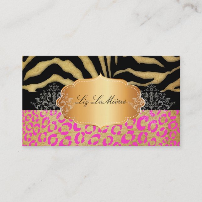 PixDezines Vintage rosa leopard, zebra+guldlabel Visitkort (Framsida)