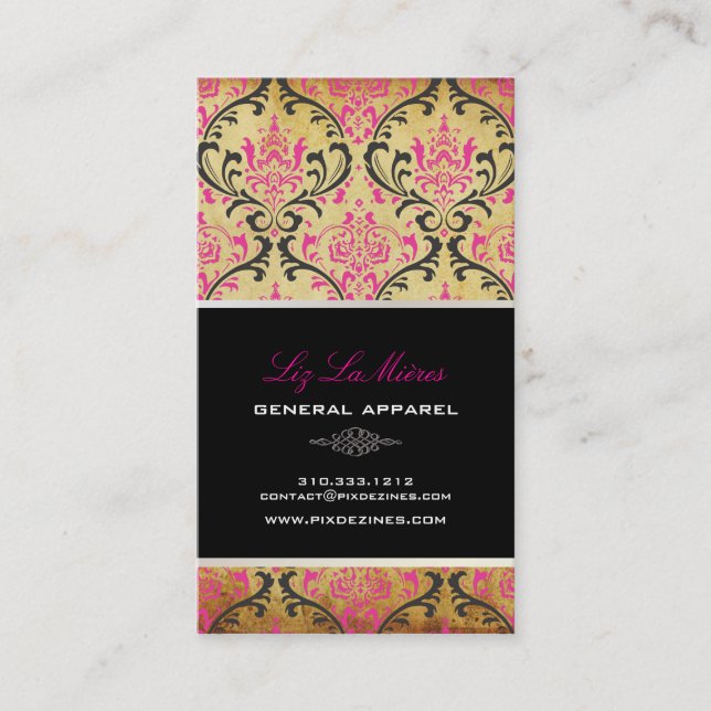 PixDezines Vintage Rossi Damask/svart+rosa Visitkort (Framsida)