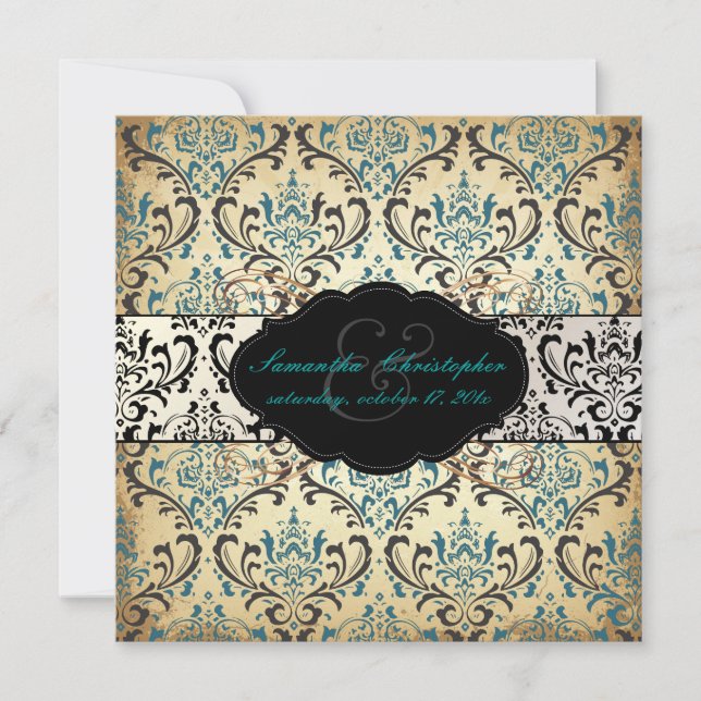 PixDezines Vintage Rossi Damask, Teal Inbjudningar (Framsida)