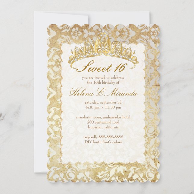 PixDezines vintage Sweet 16/ princess/pearl damask Inbjudningar (Baksida)