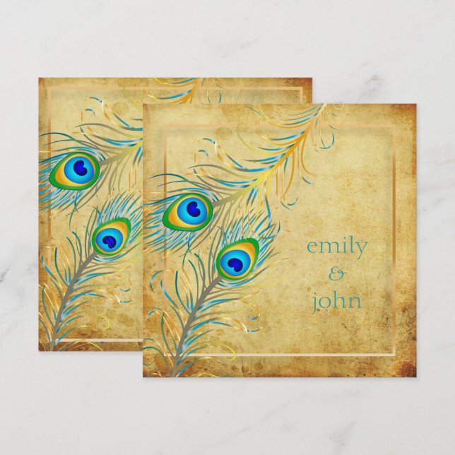 PixDezines Vintage Teal Peacock/Faux Parchment Inbjudningar (Fram/baksida)