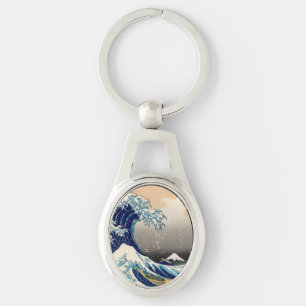 PixDezines-Vintage, Underbar Wave, Hokusai 葛 飾 北 斎 Ovalt Silverfärgad Nyckelring