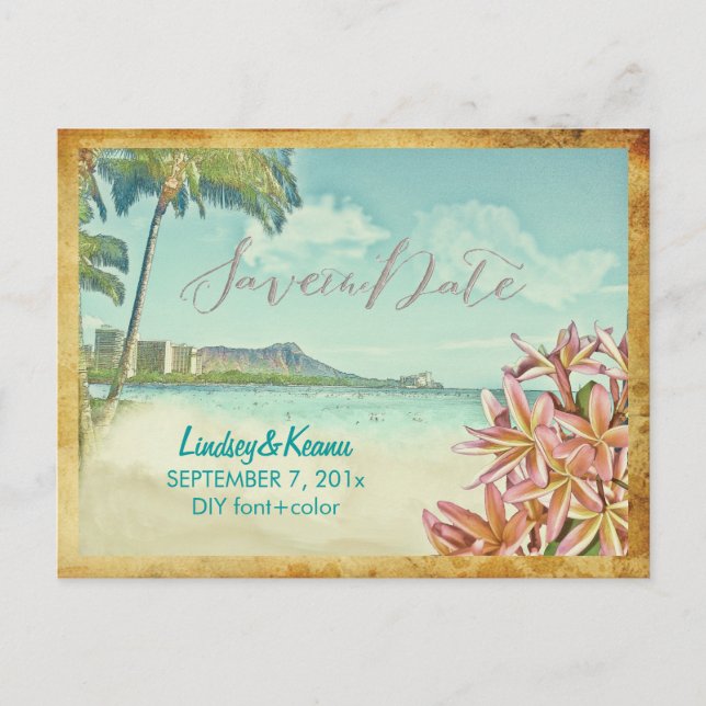PixDezines vintage waikiki/diamanthuvud/plumeria Vykort (Framsida)