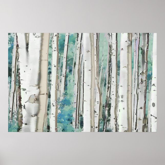 PixDezines Vinter Silver Björkskog Teal Grön Poster (Framsidan)
