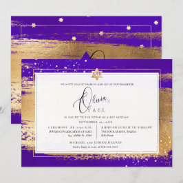 PixDezines VIOLET + GULD BRUSHSTROKE Mitzvah Inbjudningar