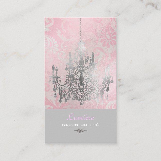 PixDezines vit ljuskrona+rosa damask Visitkort (Framsida)