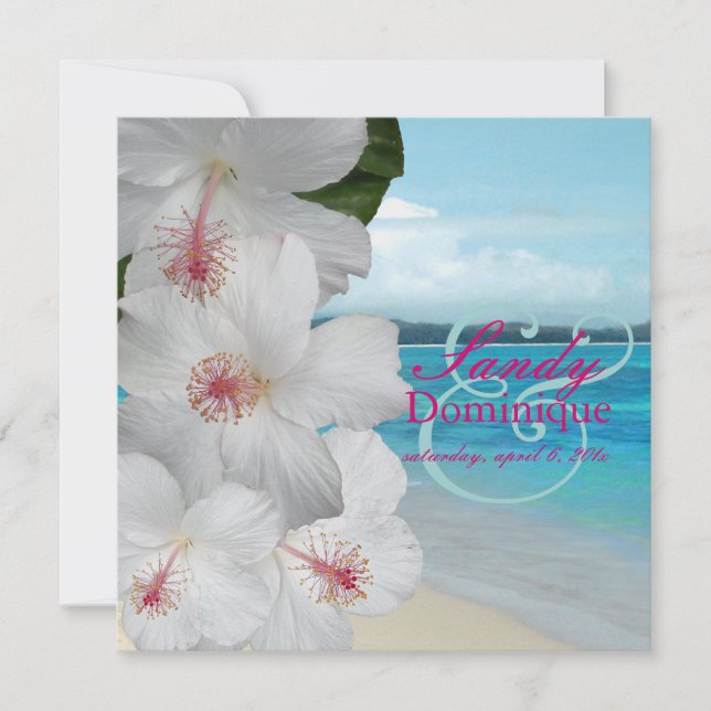 PixDezines vita hibiskus/strand/tropisk bröllop Inbjudningar (Framsida)
