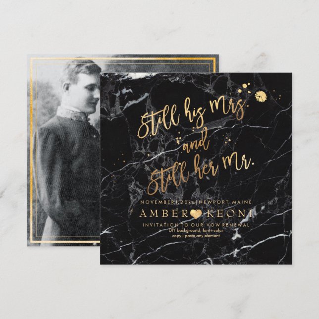 PixDezines Vow Renewal/Faux Guld/Black Marble Inbjudningar (Fram/baksida)