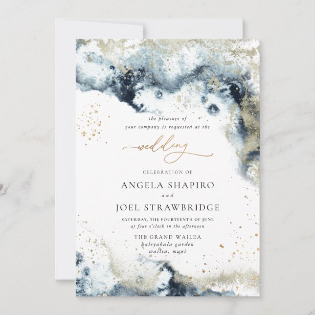 PixDezines Watercolor Abstrakt Ocean Guld Seafoam Inbjudningar (Framsida)