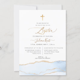 PixDezines Watercolor Agate Baby blue Guld-baptism Inbjudningar