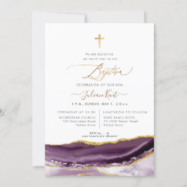 PixDezines Watercolor Agate Eggplant Guld Baptism Inbjudningar