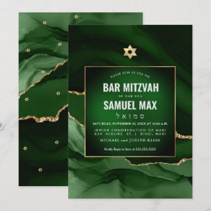 PixDezines Watercolor Agate Mörkgrön Bar Mitzvah Inbjudningar