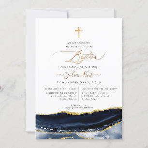 PixDezines Watercolor Agate Navy Blue Guld Baptism Inbjudningar