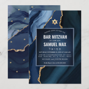 PixDezines Watercolor Agate Slate Blue Mitzvah Inbjudningar