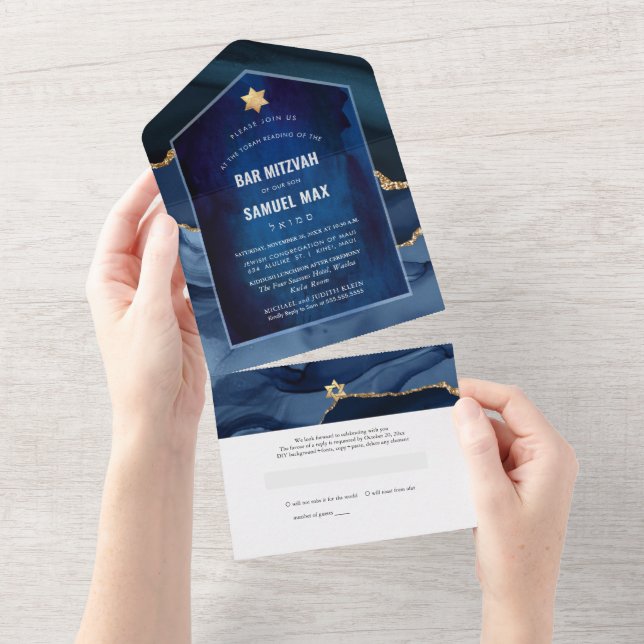 PixDezines Watercolor Agate Slate Blue Pub Mitzvah (Avrivbar del)