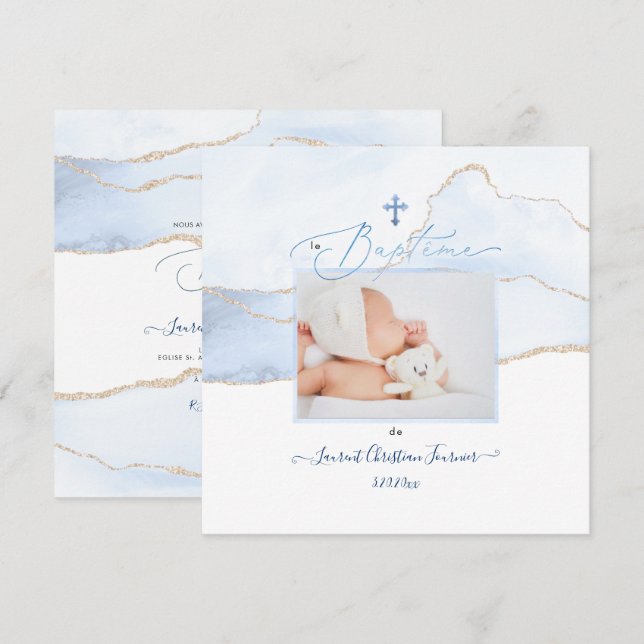 PixDezines Watercolor Bleue Agate, Baptême garçon Inbjudningar (Fram/baksida)
